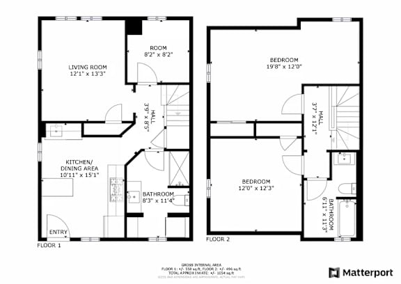 A floor plan for a home with two bedrooms, a living room, a kitchen/dining area, and a bathroom.