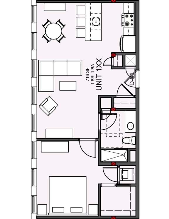 A floor plan of a 1 BR 1 BA unit.