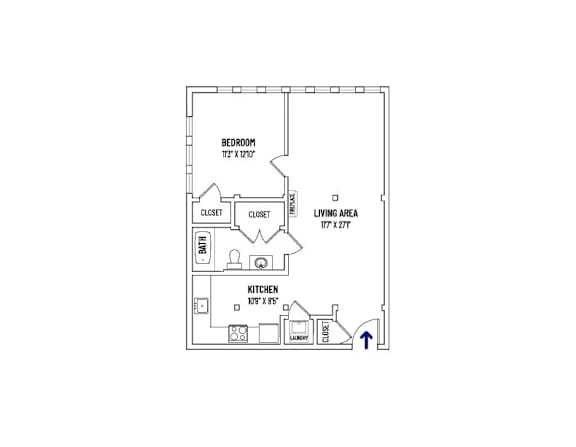 A floor plan of a room with a bedroom, living area, and kitchen.