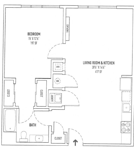 Floor Plan  A floor plan of a small apartment with a bedroom, living room, kitchen, and bathroom.