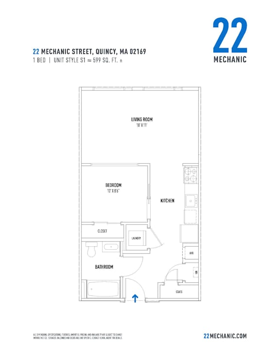 A floor plan for a one bedroom apartment with a living room, bedroom, kitchen and bathroom.