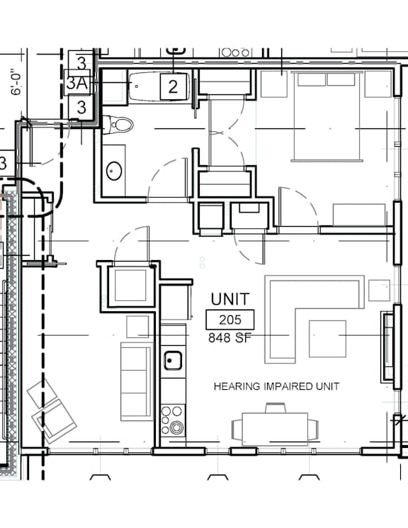 Floor Plan  A floor plan of a building with a hearing impaired unit.