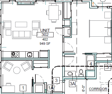 A floor plan of a unit with the number 302 and 402 on it.
