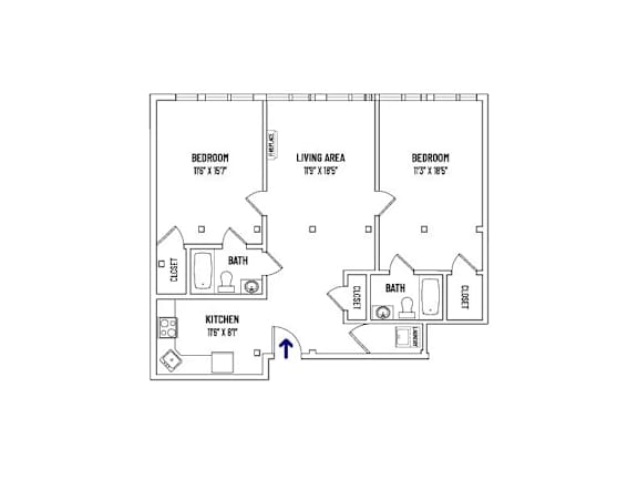 A floor plan of a house with three bedrooms, a living area, a kitchen, and two bathrooms.