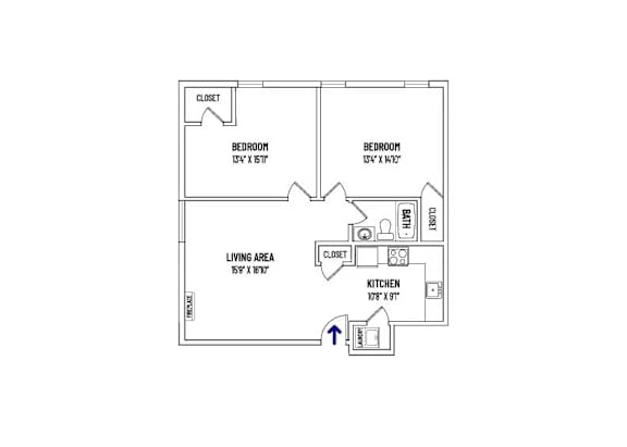 A drawing of a house plan with two bedrooms and a living area.