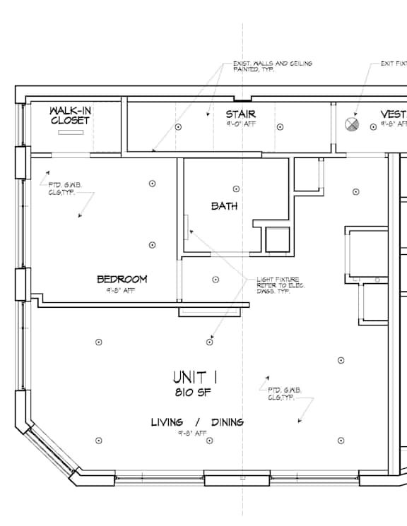 A floor plan of a unit with a living room, dining room, bedroom, bathroom, and closet.