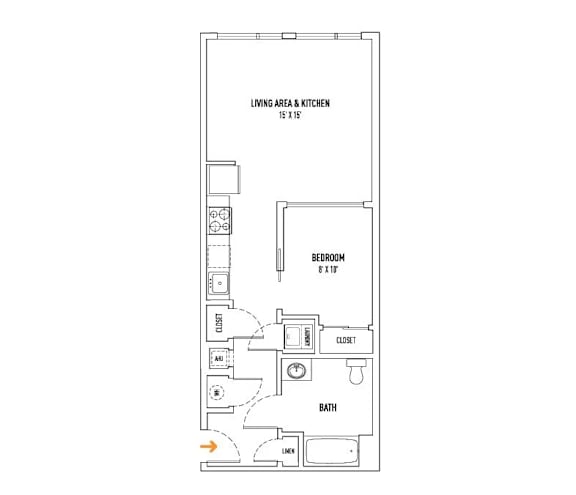 A floor plan of a small apartment with a living area, kitchen, bedroom, bathroom, and closet.
