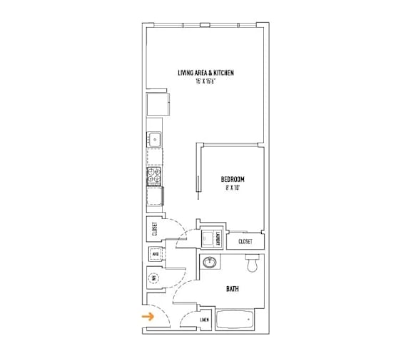 A floor plan of a small apartment with a living area, kitchen, bedroom, bathroom, closet, and linen.