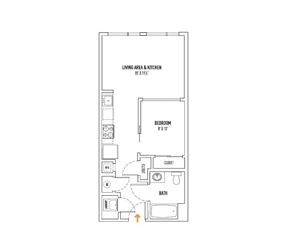 A floor plan of a small apartment with a living area, kitchen, bedroom, bathroom, and closet.