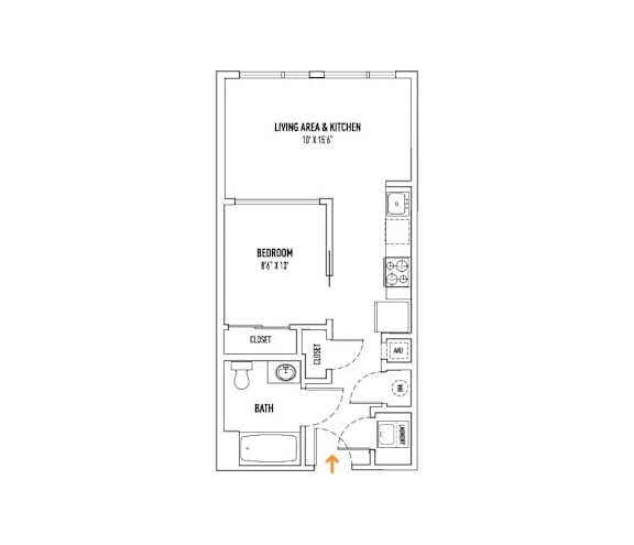 A floor plan of a small apartment with a living area, kitchen, bedroom, bathroom, and closet.