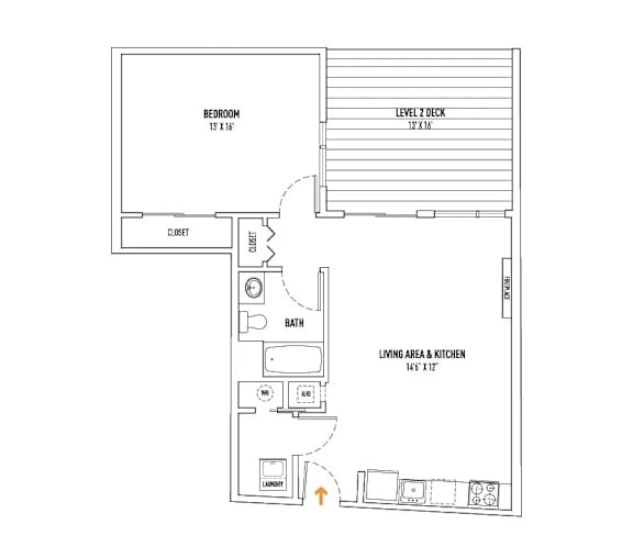 A floor plan of a small apartment with a bedroom, bathroom, living area, and kitchen.