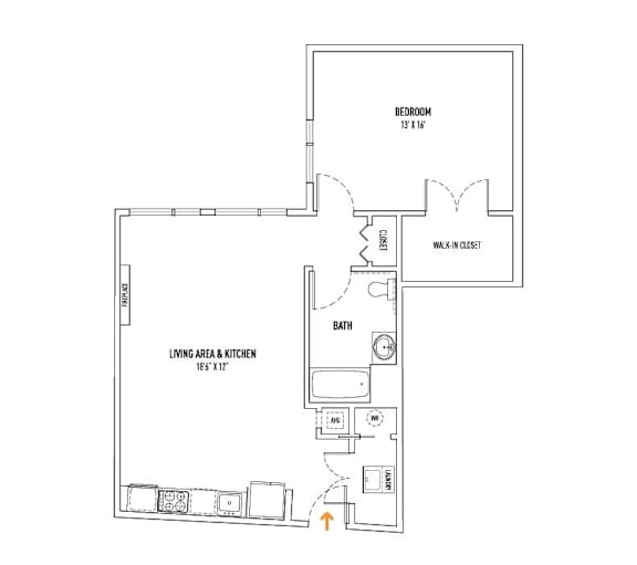 A floor plan of a room with a bedroom, bathroom, and living area.