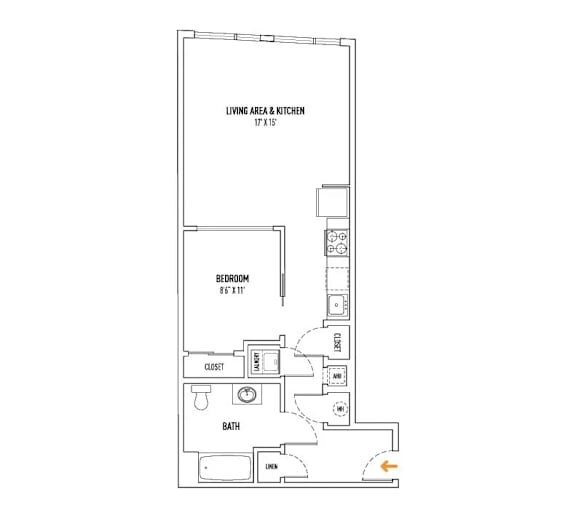 A floor plan of a small apartment with a living area and kitchen, bedroom, bathroom, closet, and laundry room.