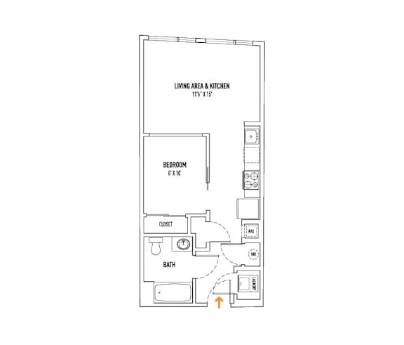 A floor plan of a small apartment with a living area, kitchen, bedroom, bathroom, and closet.
