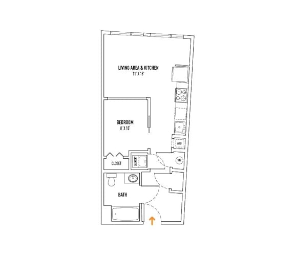 A floor plan of a small apartment with a living area, kitchen, bedroom, bathroom, and closet.