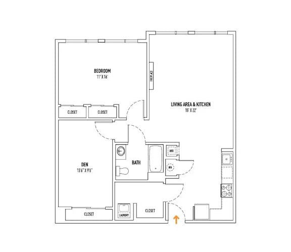 A floor plan of a small apartment with a bedroom, bathroom, and living area.