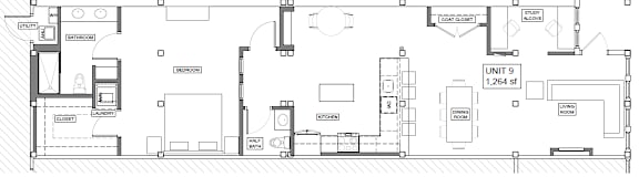A floor plan of a large apartment with labeled rooms such as