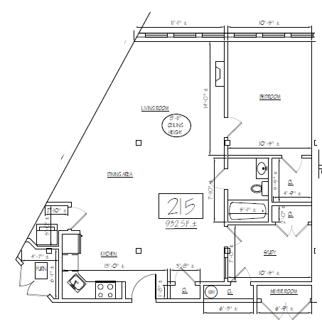 A floor plan of a building with a living room, dining area, and kitchen.