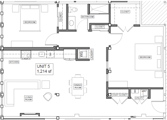 A floor plan of a 1,214 square foot apartment with a living room, dining room, kitchen, two bedrooms, a bathroom, and a coat closet.
