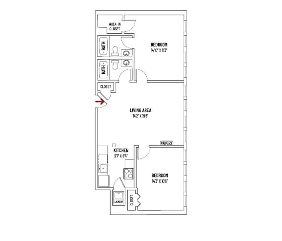 A drawing of a house plan with a living area, kitchen, and two bedrooms.