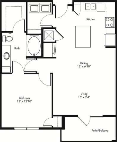 A black and white image of a floor plan for a small apartment.