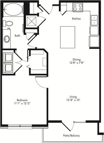A black and white image of a floor plan for a small apartment.