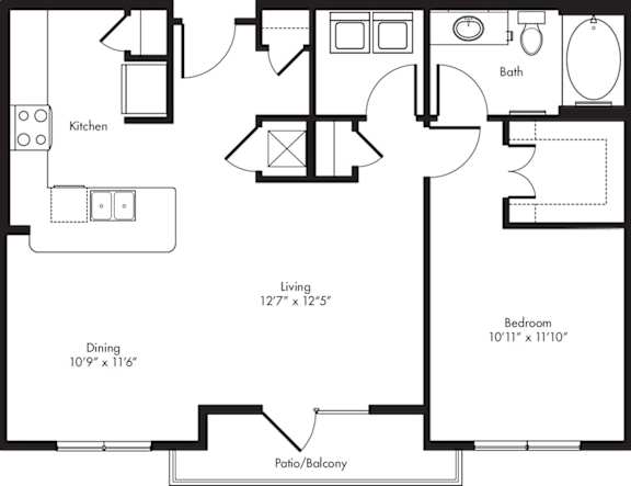 A black and white floor plan of a house with a living room, dining room, kitchen, bathroom, and bedroom.
