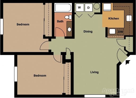 A floor plan of an apartment with two bedrooms, a living room, a dining area, a kitchen, and a bathroom.