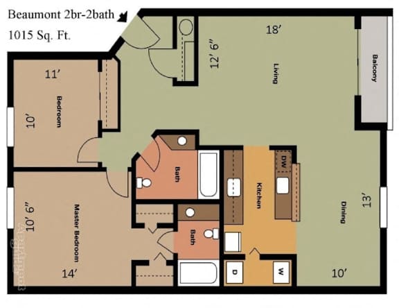 A floor plan of a 2 bedroom, 2 bathroom apartment.