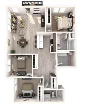 A 3D floor plan of a small apartment with a kitchen, living room, and bedroom.