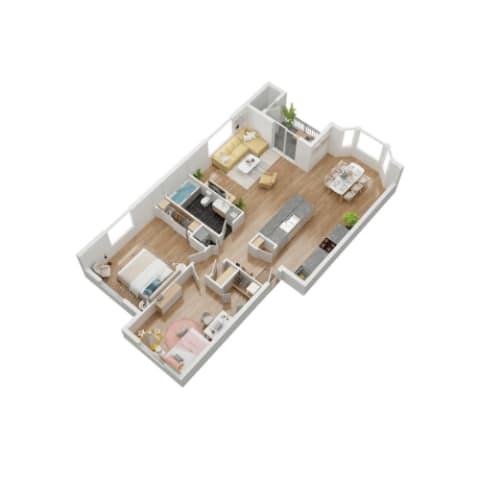 Floor Plan  A 3D floor plan of a house with a kitchen, living room, and bedrooms.