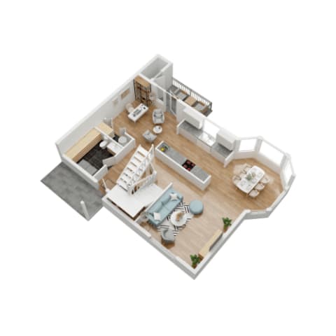 A 3D model of a house with a kitchen, living room, and dining area.