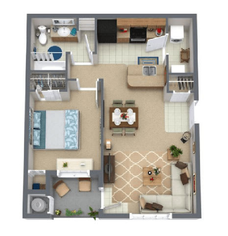 Floor Plan  A floor plan of a small apartment with a kitchen, living room, and bathroom.