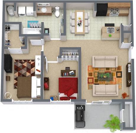 A top-down view of a small apartment with a kitchen, living room, and bedroom.