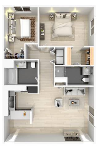 A floor plan of a small apartment with a kitchen, living room, and two bedrooms.