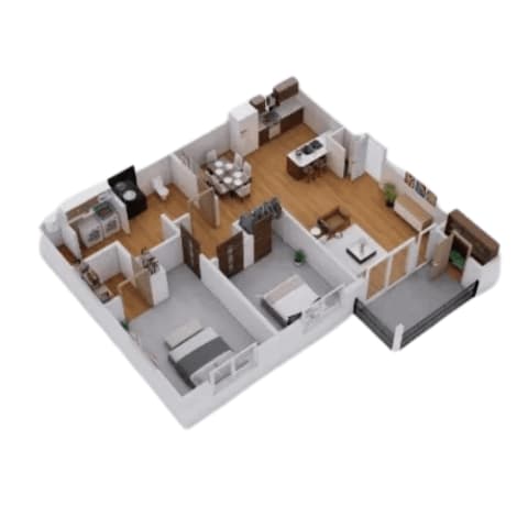 Floor Plan  A 3D floor plan of a house with a kitchen, living room, and two bedrooms.