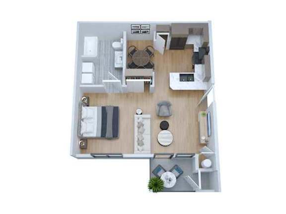 Floor Plan  A floor plan of a small apartment with a kitchen, living room, and bathroom.