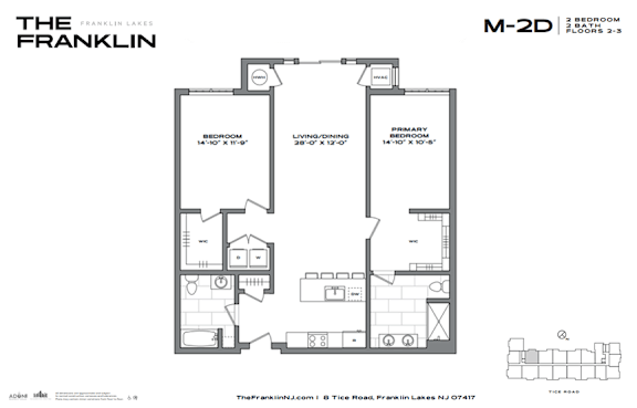 A floor plan for a two bedroom, two bathroom apartment.