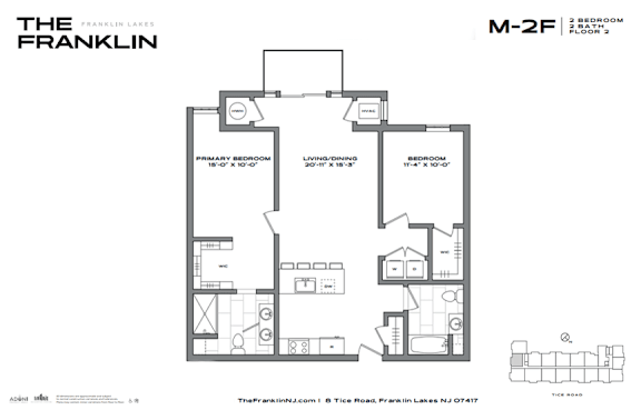 A black and white image of a floor plan for a two bedroom apartment.