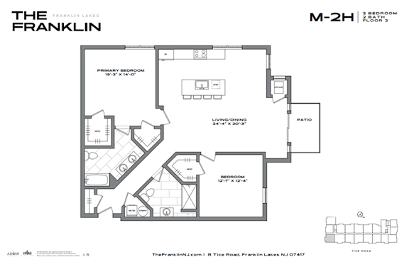 A floor plan for a two bedroom, two bathroom apartment.