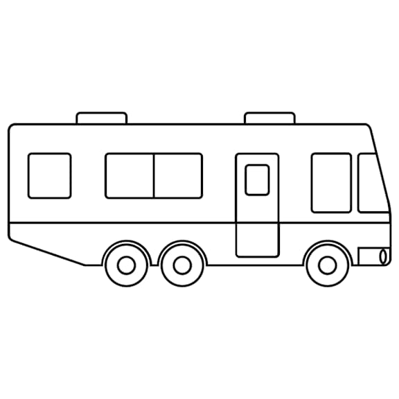 A black and white line drawing of a camper.