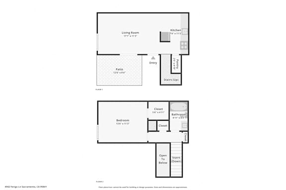 A floor plan of a property with two bedrooms, a living room, a patio, and a bathroom.