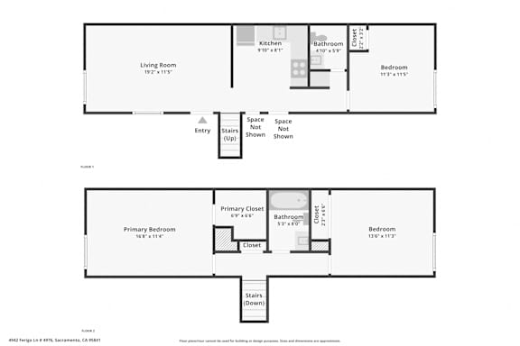 A floor plan of a home with two bedrooms, a living room, and a bathroom.