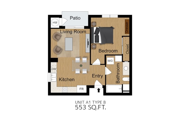 A diagram of a living space with a kitchen, bathroom and bedroom.