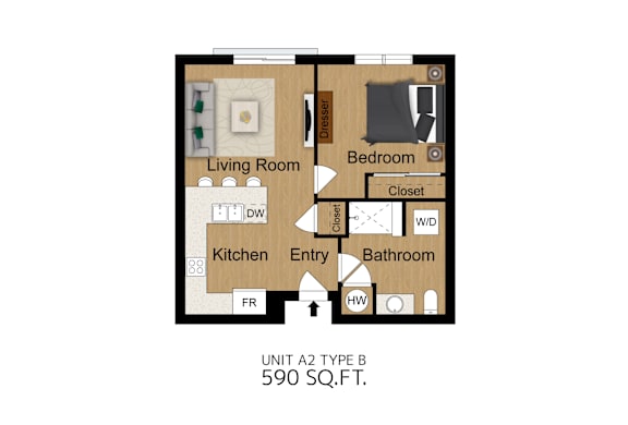 A floor plan of a 590 square foot apartment with a living room, kitchen, bathroom, and bedroom.