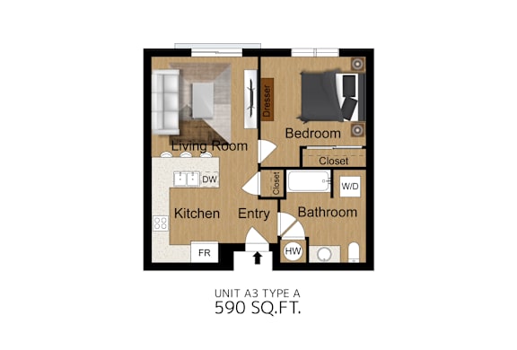A floor plan of a 590 square foot apartment with a living room, bedroom, kitchen, and bathroom.