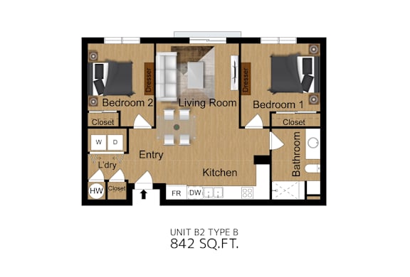 A diagram of a 842 square foot living space with two bedrooms, a kitchen, and a living room.