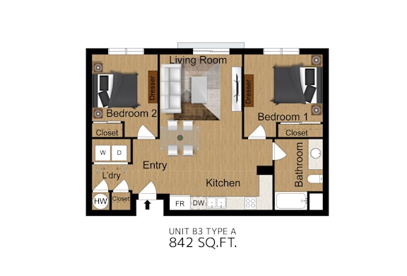 A floor plan of a living space with two bedrooms, a kitchen, and a bathroom.