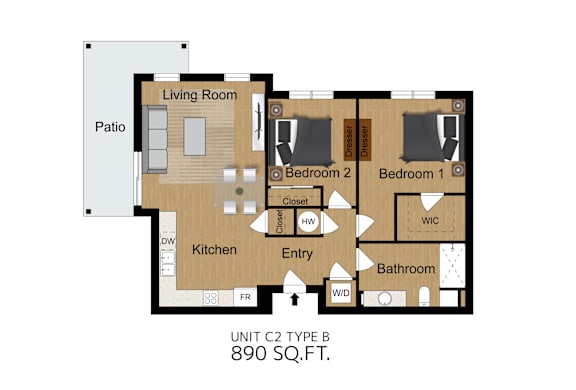 A floor plan of a 2 bedroom apartment with a living room, kitchen and bathroom.