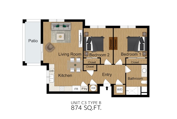 A floor plan of a living space with a kitchen, two bedrooms, a bathroom, and a living room.